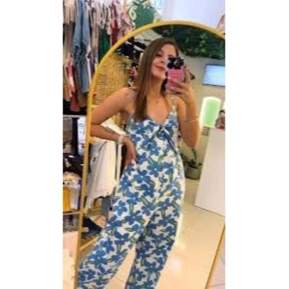 Eden In Love 100% Cotton Hawaiian Pop Art Floral Front Tie Smock Jumpsuit XS/S